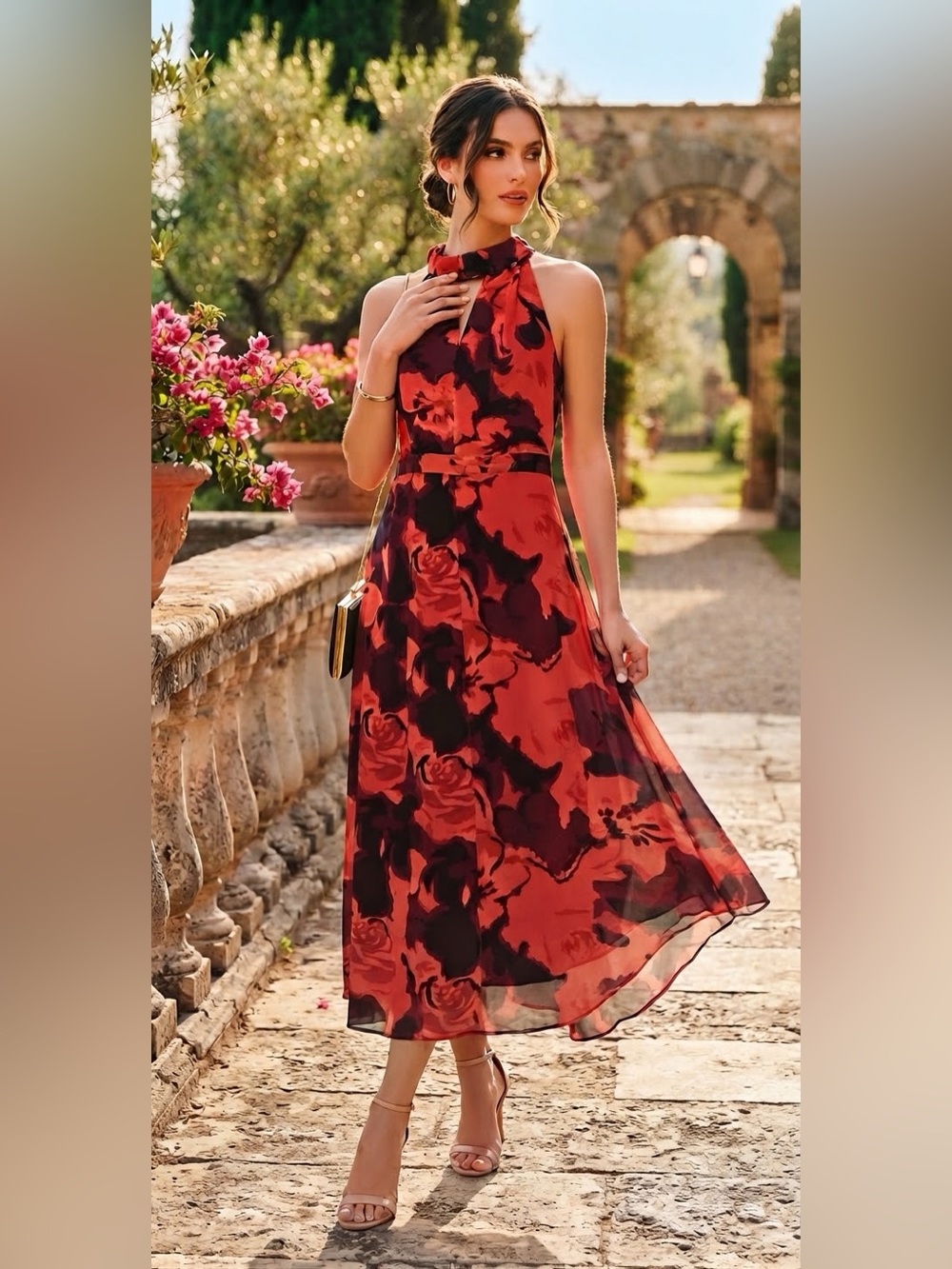 Philosophy Red and Black Floral Halter Midi Dress